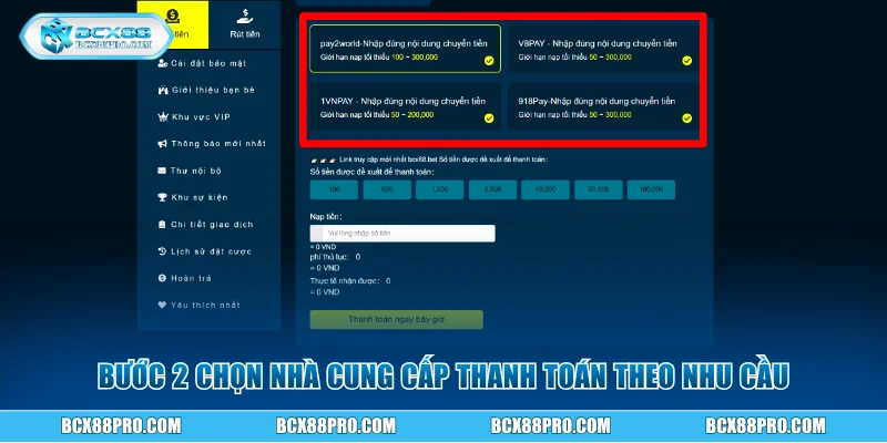 Bước 2 chọn nhà cung cấp thanh toán theo nhu cầu