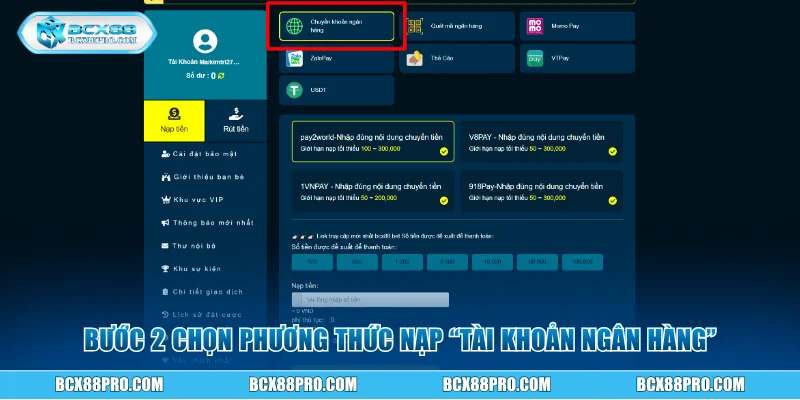 Bước 2 chọn phương thức nạp tài khoản ngân hàng